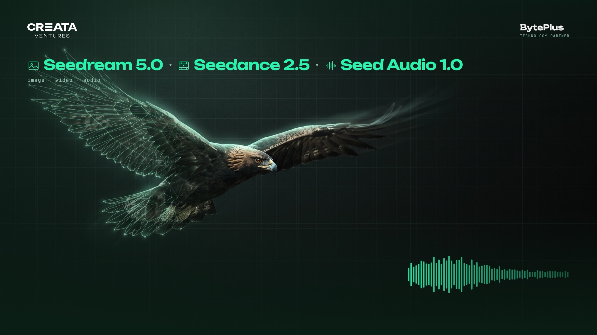 Creata Ventures × BytePlus key visual: a golden eagle in flight over a dark green grid, with the Seedream, Seedance and Seed Audio model line